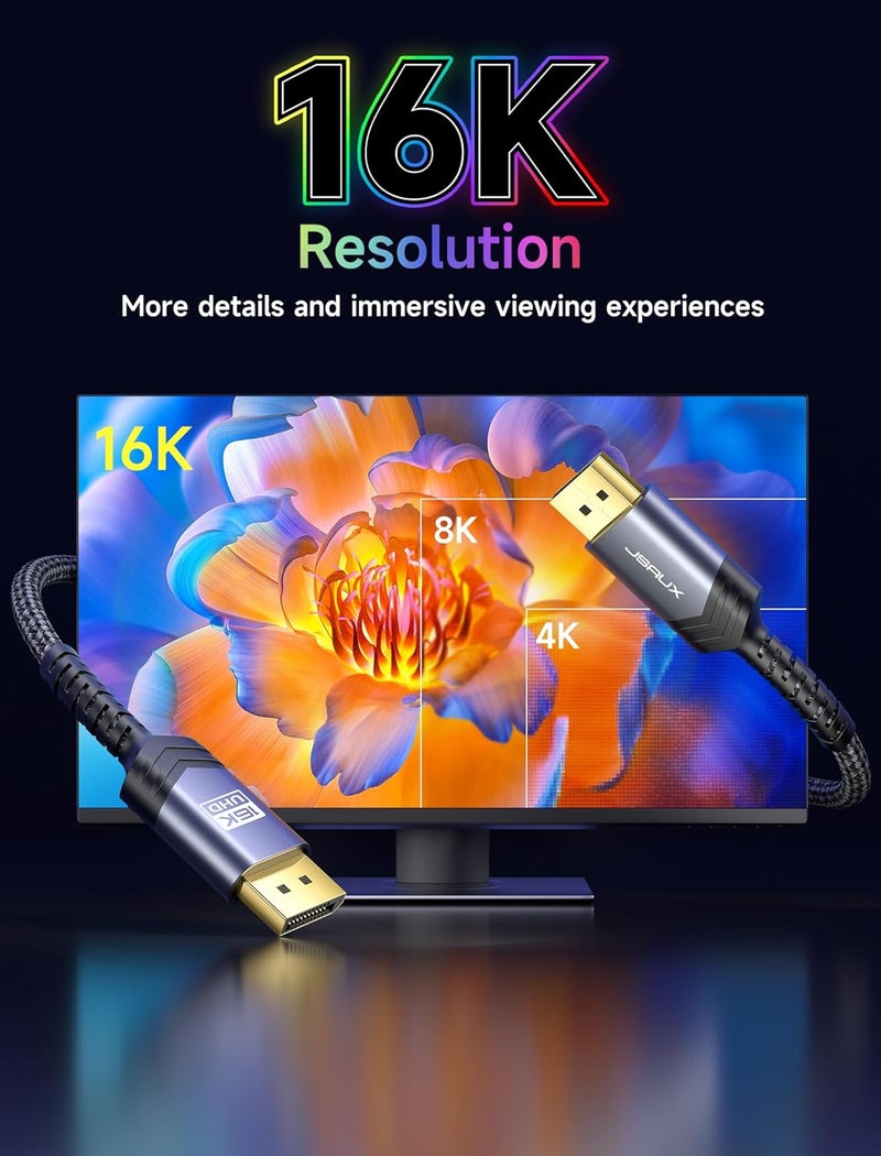 jsaux DisplayPort 2.1 Cable - 6.6FT, Supports 16K@60Hz, 8K@120Hz, 4K@240Hz, Backward Compatible with DP1.4/DP1.2, Compatible with Monitor, Laptop, Graphics - Image 3